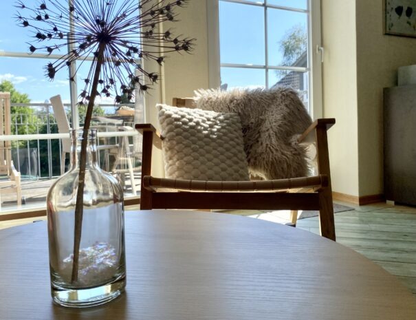 Blick aus Wohnzimmer der Ferienwohnung Sperlings Lus auf dem Ferienhof Hofbude Fehmarn